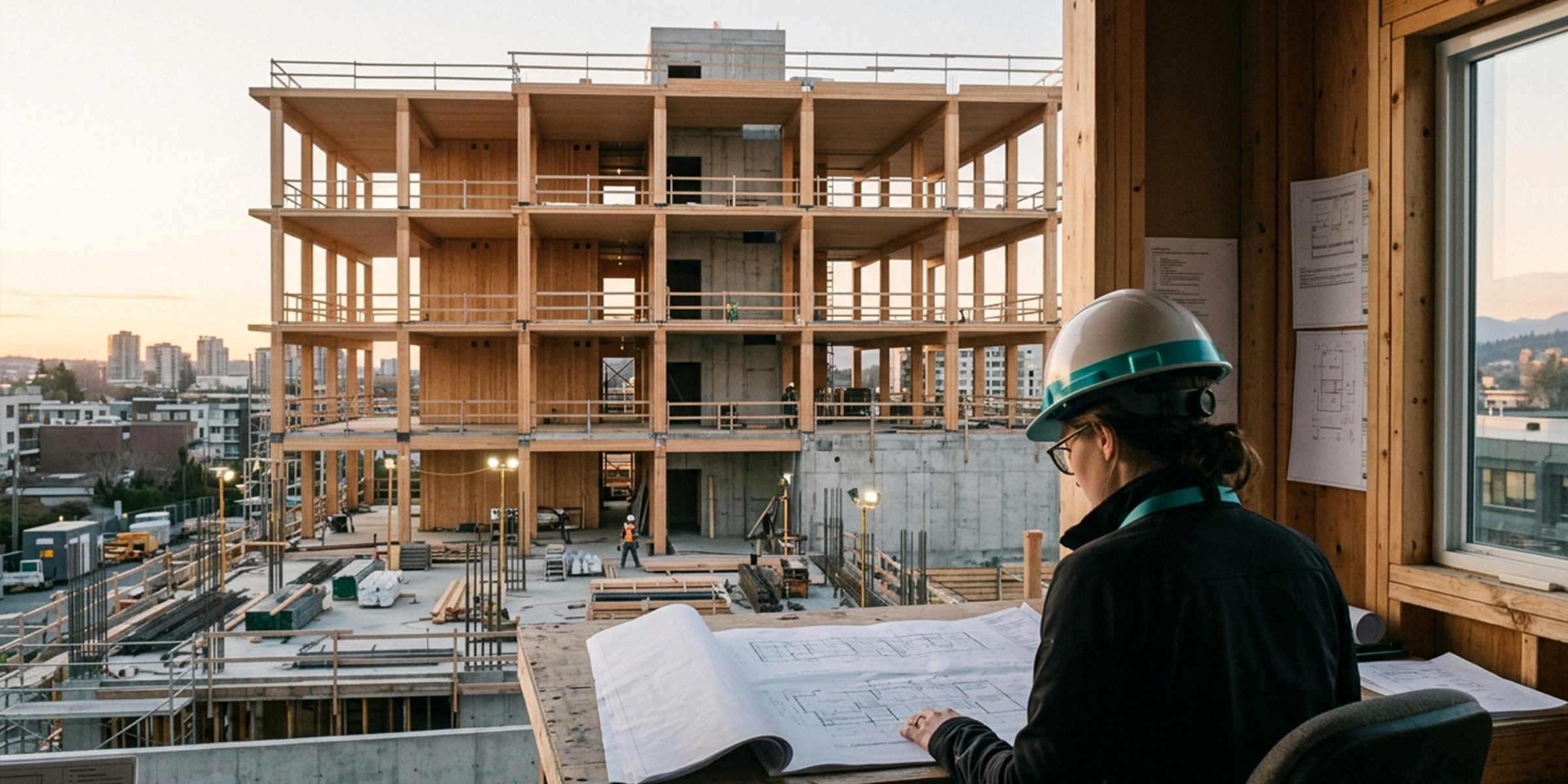 Obra de estructura de madera en construcción, con una persona revisando planos en el lugar
