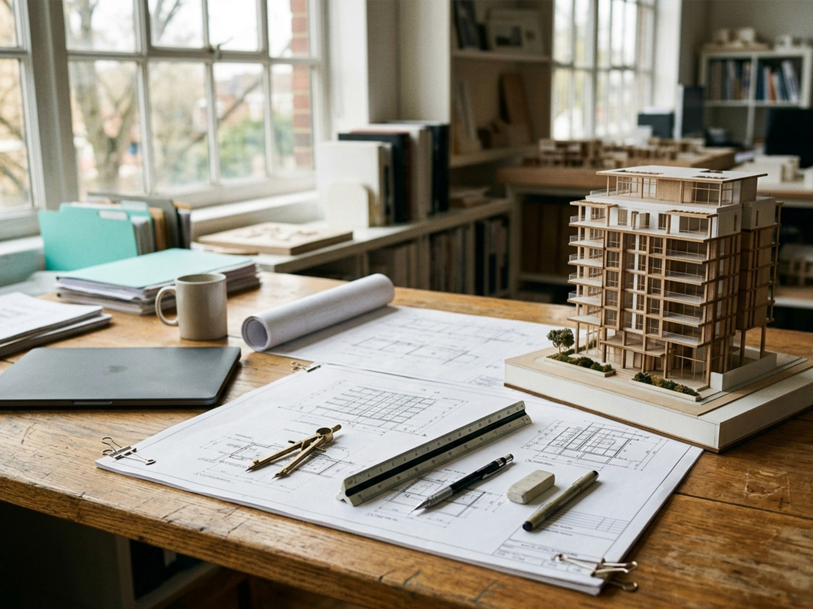 Espacio de trabajo arquitectónico con planos y maqueta a escala